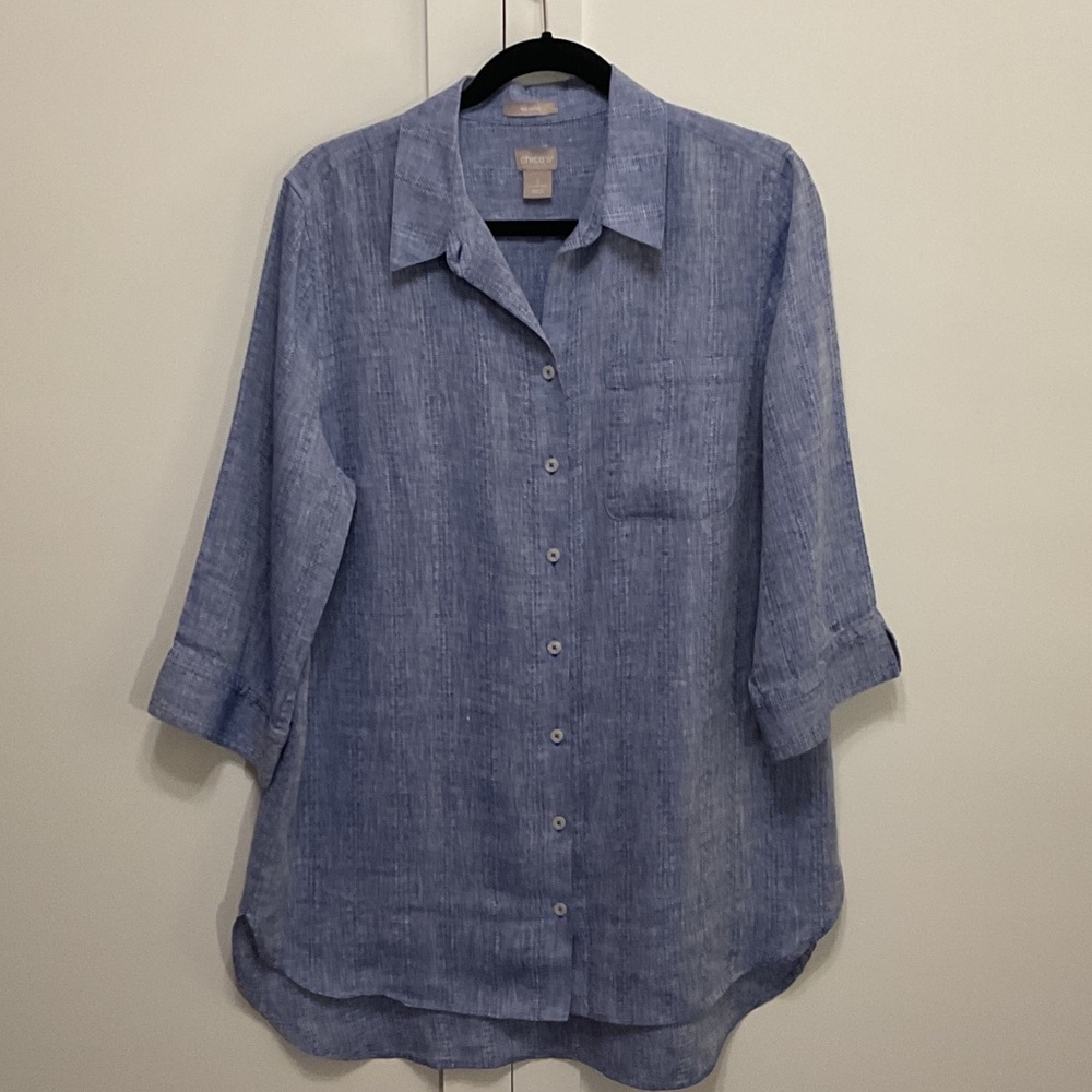 Chico's No Iron 100% Linen  Blue Button-Down Tunic Shirt L, (Chico’s 2) EUC